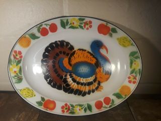 Vintage Porcelain Enamel Thanksgiving Turkey Serving Platter Tray