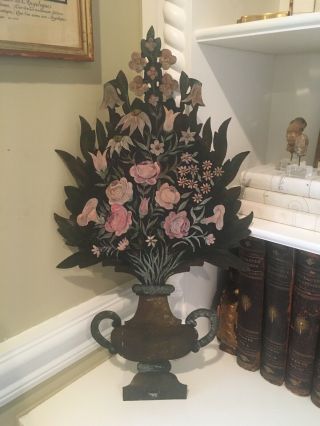 Vintage Tole Ware Hand Painted Flower Topiary Urn Screen Art