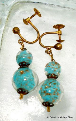Vintage Made In Italy Murano Glass Ball Dangle Earrings Turq Blue Golden Flecks