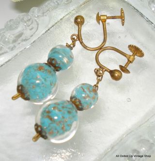 VINTAGE MADE IN ITALY MURANO GLASS BALL DANGLE EARRINGS TURQ BLUE GOLDEN FLECKS 2