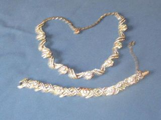 Vintage Signed Coro Clear & A/borealis Rhinestone Necklace Bracelet Demi - Parure