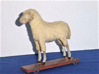 Antique Victorian German Stick Leg Woolly Putz Sheep On Wheels Pull Toy Lrge 6 "