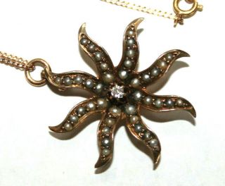 Antique Victorian 14k Yellow Gold Diamond Seed Pearl Starburst Pendant Necklace