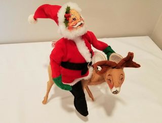 Vintage Annalee Mobilitee Christmas 10 " Santa Claus Riding / Hugging Reindeer