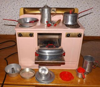 Vintage Little Lady Empire Toy Stove And Oven Pink W/ Aluminum Toy Pots Pans