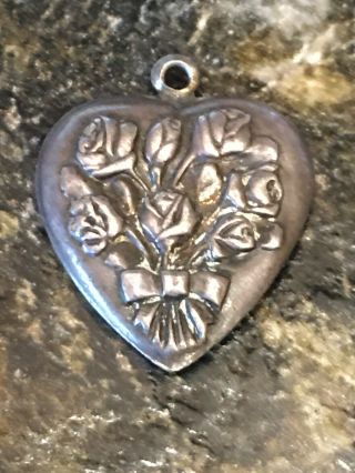 Vintage 1940’s Sterling Puffy Heart Charm: Bouquet Of Roses,  Not Often Seen