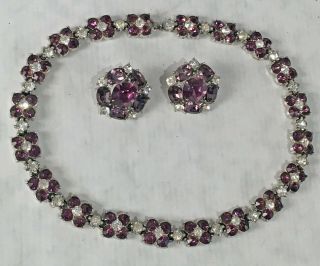 Vintage Bogoff Purple Clear Rhinestone Flower Necklace Earring Demi Parure Set