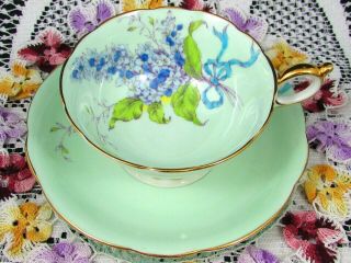 Paragon Blue Lilac Over Green Turquoise Ribbon Bow Tea Cup And Saucer
