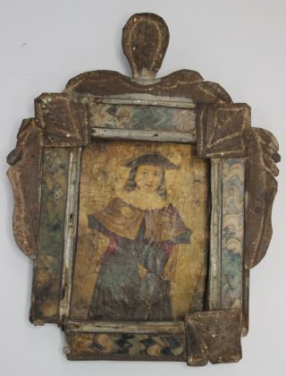 Antique Mexican Retablo Oil On Tin Late 19th C.  Spanish Colonial
