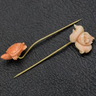 Vintage Gold Filled Carved Angel Skin Coral Turtle & Rose Stick Pin Set Of 2