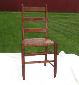 Vintage Wood Chair Ladder Back Wicker Seat 1800s Antique Hand Carved Oak 34.  5 "