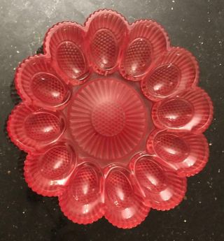 Hobnail Red Glass: Vintage Deviled Egg Holder Plate ; Fr Sh