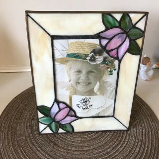 Vintage Stained Glass Photo Frame Pink Flowers By L Michel