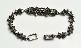 Vintage 925 Silver Ruby Sapphire Emerald W/marcasite 7.  5 " Bracelet