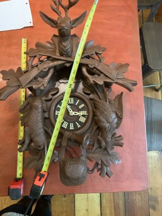 Antique Cuckoo Clock Hunt Glass Eyes Black Forest Wood Vintage Germany Huge