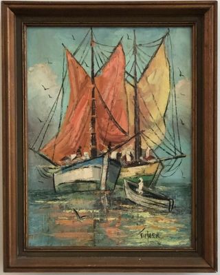 Vintage 1950s/60s Impressionist Sailboats Oil Painting Herschel Fullen