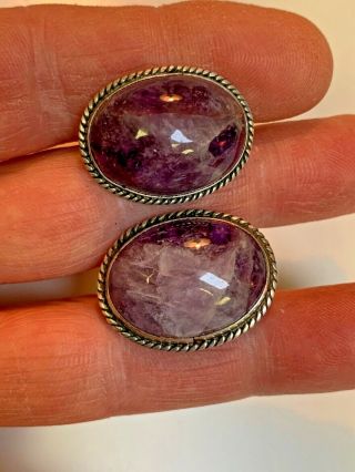 Vintage 1940s Mexico Sterling Silver Natural Amethyst Cabochon Screw Back Ears