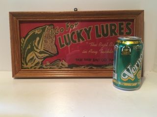 Vintage Lucky Lures Paw Paw Bait Co.  Framed Advertisement Sign 14 1/2 