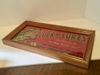 Vintage Lucky Lures Paw Paw Bait Co.  Framed Advertisement Sign 14 1/2 