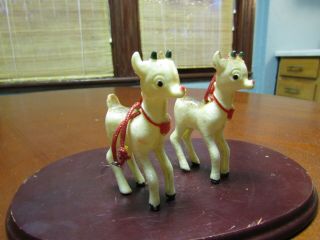 2 X Vintage Hard Plastic Rudolph The Red Nose Reindeer Christmas Ornaments 3.  5”