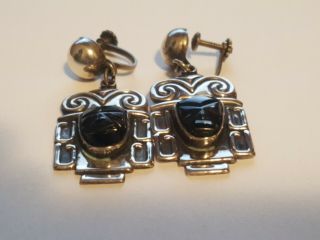 Vintage 925 Sterling Silver Carved Black Onyx Mask Aztec Earrings A.  S.  MEXICO 2