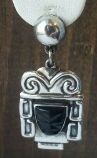 Vintage 925 Sterling Silver Carved Black Onyx Mask Aztec Earrings A.  S.  MEXICO 3