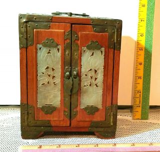 Antique Wood & Brass Chinese Jewelry Box W/ Carved Jade Panels,  Lined Drawers