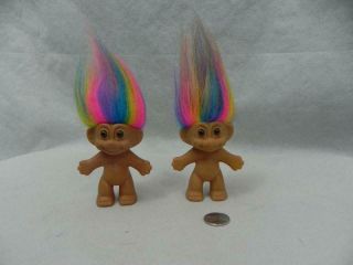 Vtg Set Of 2 Russ Rainbow Hair 3 " Troll Dolls Nude Pink Purple Yellow Blue Pair