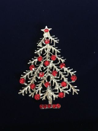 Vintage Christmas Tree Brooch Silver Tone With Sparkling Red Faceted Glass Gems
