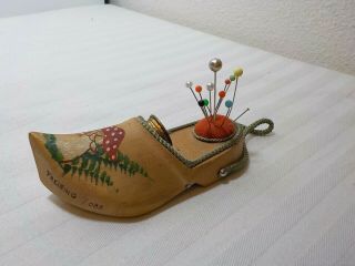 Vintage Wooden Shoe Pin Cushion Thimble Holder Mushrooms Freising /0bb