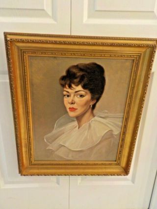 Gorgeous Vintage Portrait Oil Painting Woman On Canvas Mid Century