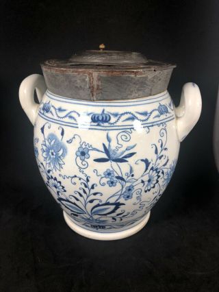 Antique Blue & White Porcelain Tobacco Jar With Hinged Tin Lid Humidor (19) 3