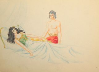 Vintage Pencil Painting Theatre Erotic Scene Design Portrait