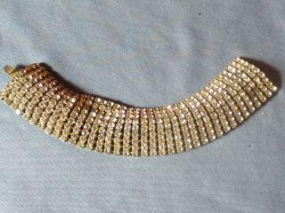 Vintage Silver - Tone Metal Claw Set Clear Rhinestone Wide Bracelet Large Size