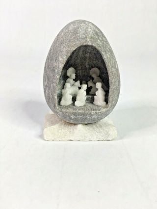 Vintage Carved Stone Miniature Nativity Scene In Gray Stone Egg Unusual