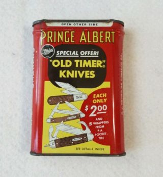 Vintage Prince Albert Pipe Cigarette Tobacco Full Tin Can Old Timer Knives Offer