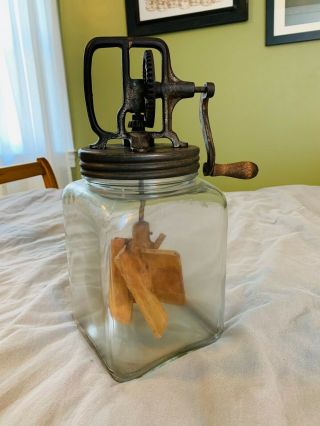 Vintage Hand Crank Butter Churn Glass Jar 4 Qt