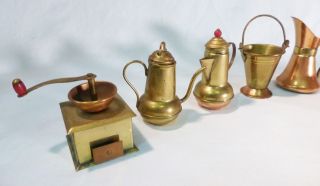Vintage miniature dollhouse copper tea kettle pots bucket coffee grinder 9 set 3