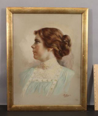 1907 Antique Signed R.  A.  L American Pastel Portrait Of Woman Profile,  Nr
