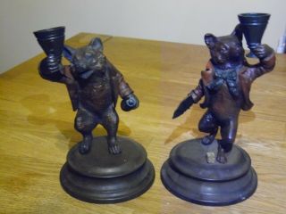Bergman Cold Painted Bronze Candlesticks In The Form Of A Bear And Fox