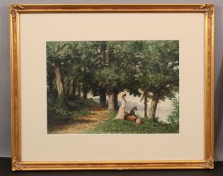19thc Antique Frederick Batcheller Watercolor Painting Women In Park,  Ri Artist