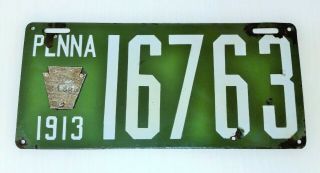 Antique Porcelain 1913 Car License Plate From Pennsylvania,  Penna.  Pa.