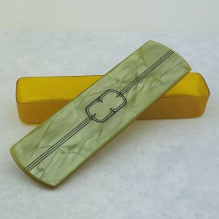 Vintage Long Vanity Box Bakelite Celluloid Green/mustard Yellow Circa 1940s
