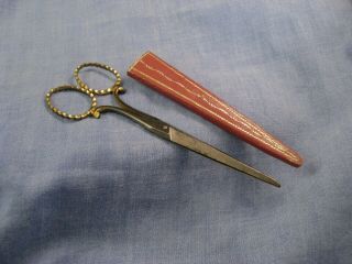 Victorian Antique Gold F West Steel Embroidery Sewing Etui Craft Scissors & Case