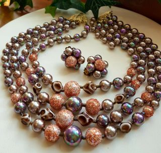 Vintage 4 Strand Art Glass And Pearl Necklace & Earrings Signed Japan