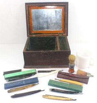Rare 19th Century Antique Wood Shaving Box W/ 7 Straight Razors,  Mug & Brushes
