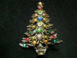 Vintage Signed Hollycraft Gold Tone Rhinestone Christmas Tree Pin Brooch