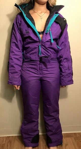 Vtg Columbia 90s Purple Green Teal Bugaboo Ski Suit One Piece Snow Snowsuit S