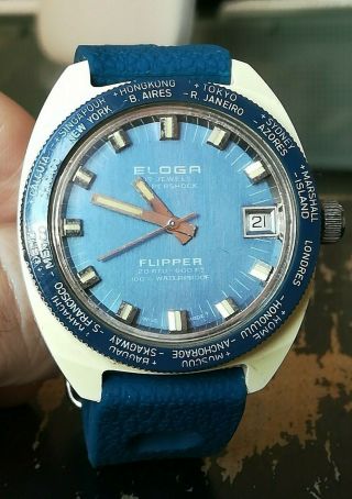 Eloga Flipper,  Vintage Swiss Diver Watch,  20atm 600ft,  Tropic Sport Band