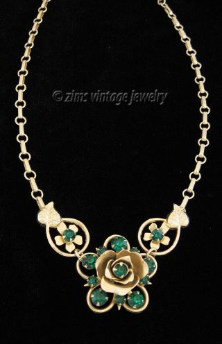 Vintage 1950’s Coro Signed Emerald Green Rhinestone Gold Floral Pendant Necklace